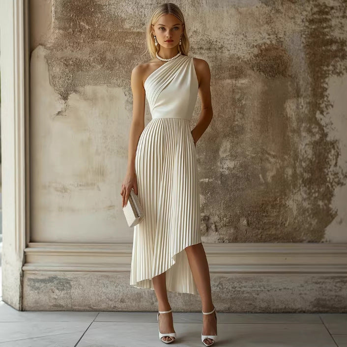 White Pleated One Sleeve Dress
