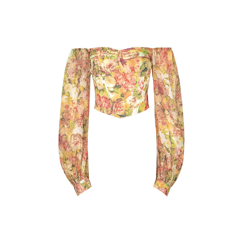 Off-the-shoulder Long-sleeve Floral Chiffon Shirt Thin French