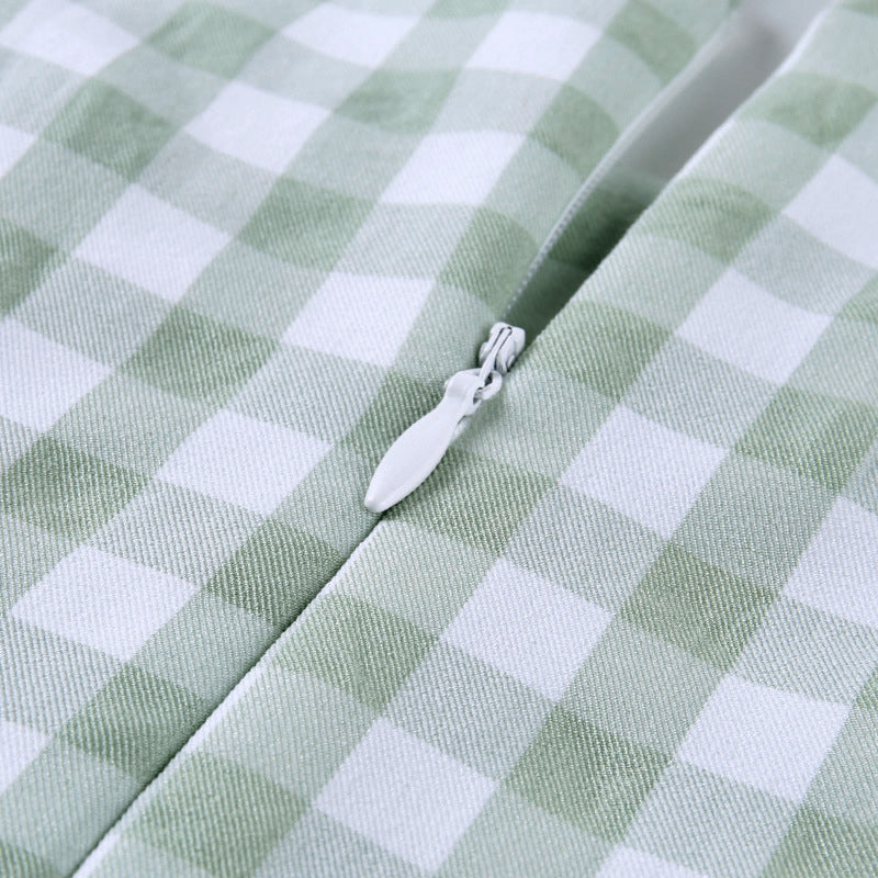 Square neck puff sleeve plaid dress women