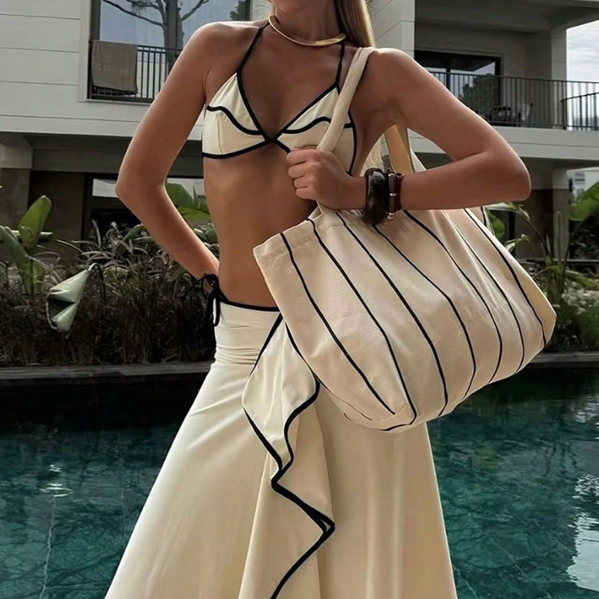 Women's Simple Casual Multicolor Long Skirt Bikini Three-piece Set