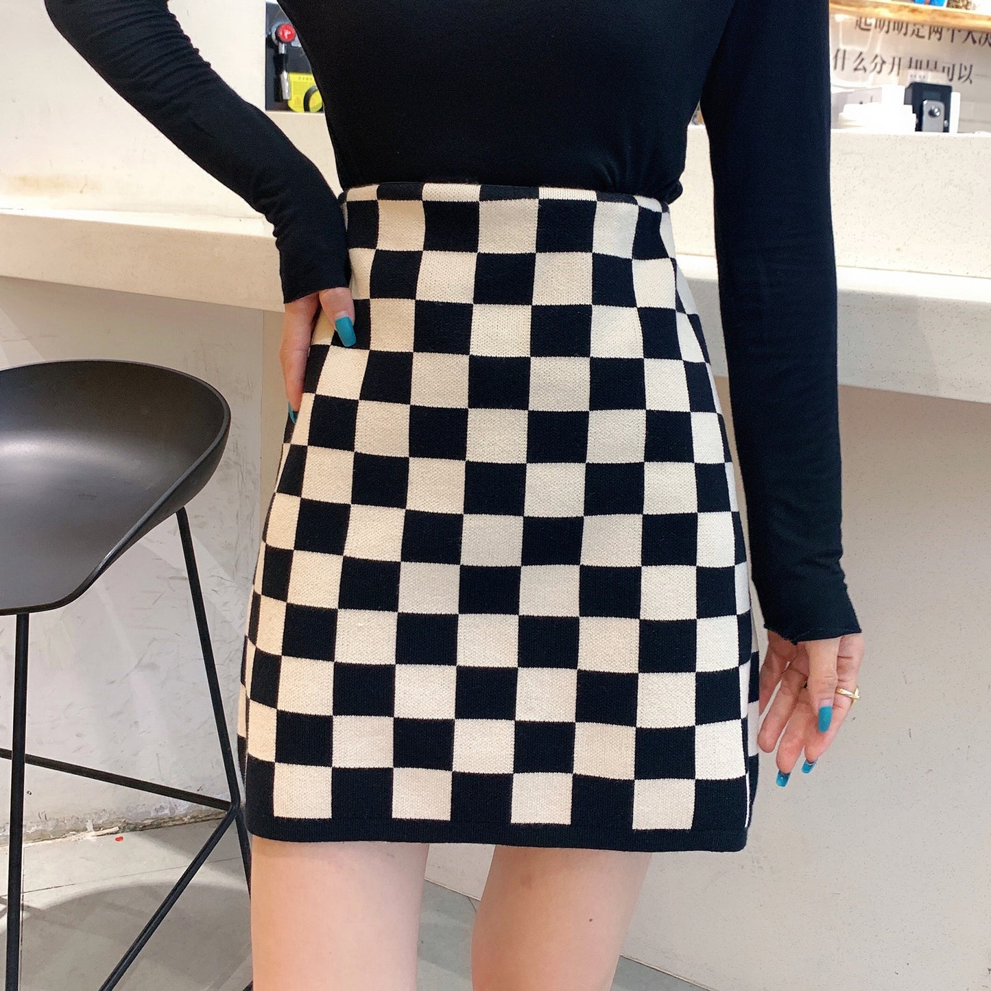 High-waist Plaid Knitted Skirt