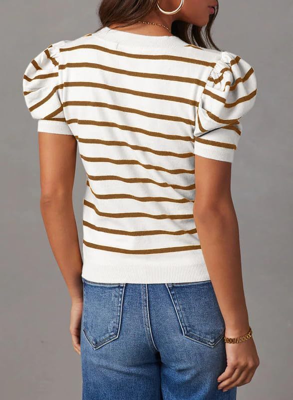 Puff Short-Sleeve Striped T-Shirt Blouse