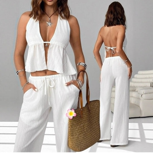 Halterneck Strap Sexy Backless Sleeveless Tank Top Set