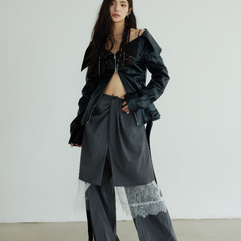 Off-shoulder Chapped PU Leather Narrow Jacket Outerwear