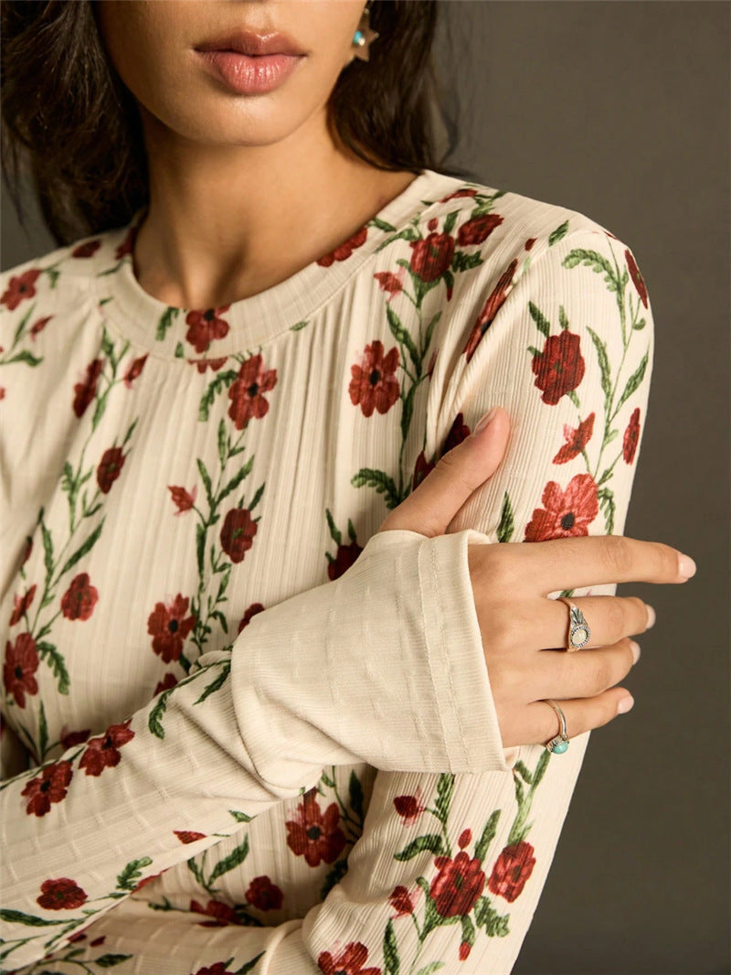 Retro Floral-print Knit Slim-fit Blouse Top