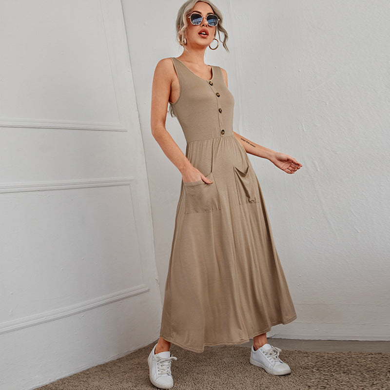 Round Neck Sling Front Button Skirt Slim Dress