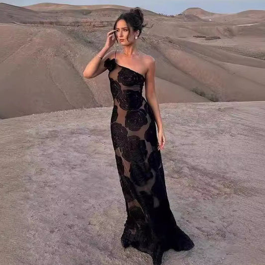 Burnt Flower Sling Slant Shoulder Flower Dress