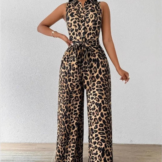Wide Leg Lace Leopard Print Jumpsuit