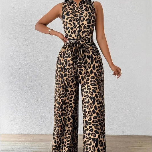 Wide Leg Lace Leopard Print Jumpsuit