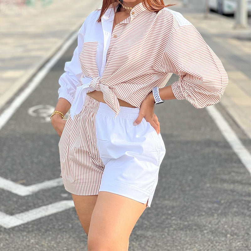 Loose-fitting Striped Long Sleeves Shirt Wide Leg Shorts Suit