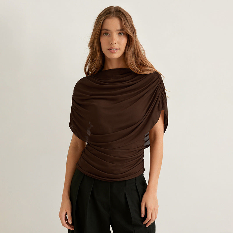 Scarf-style Neckline and Draped Pleats Blouse