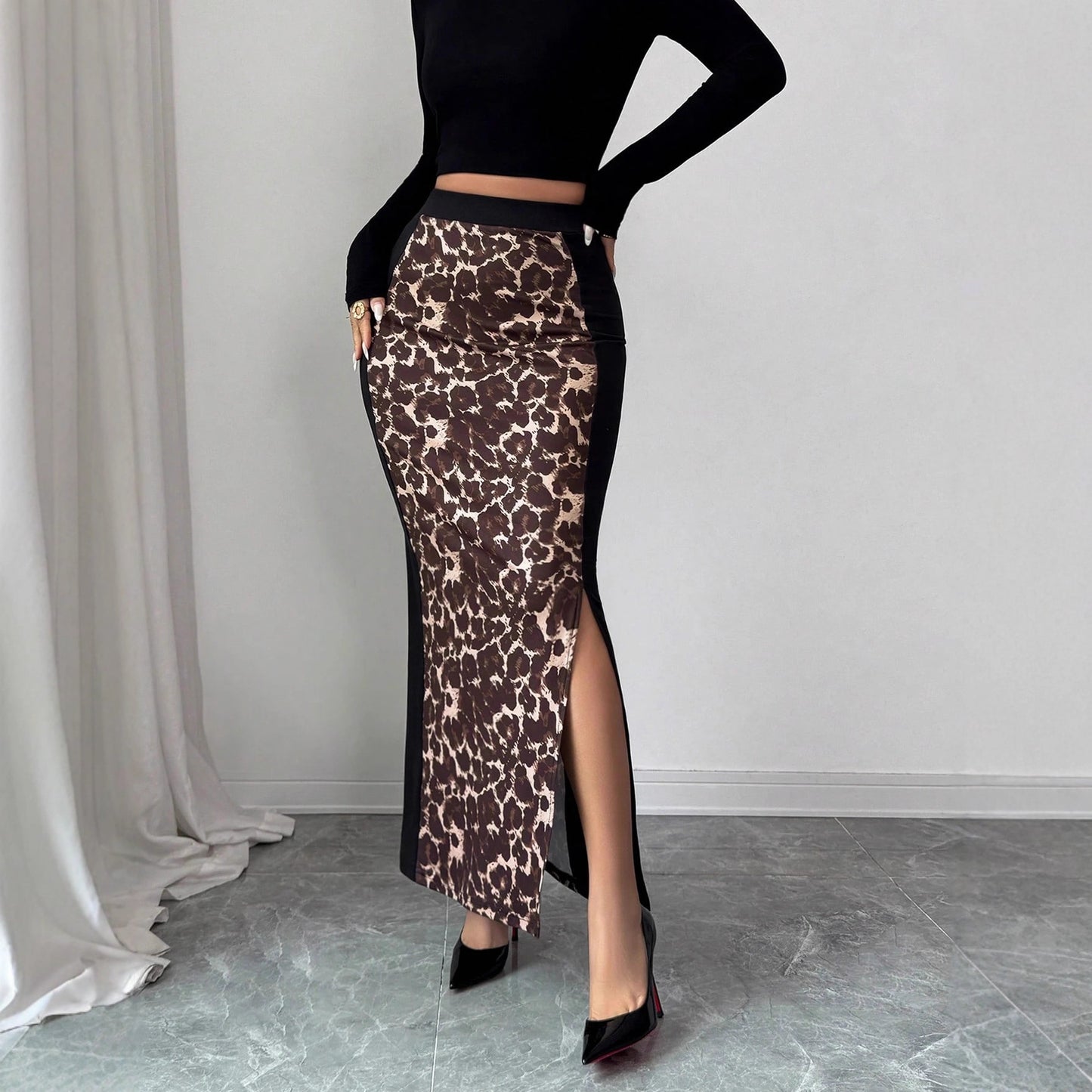Leopard-Print Bodycon Split Skirt