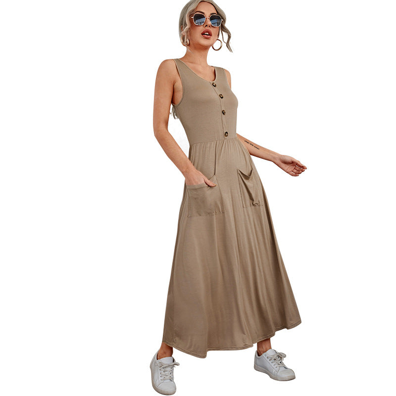 Round Neck Sling Front Button Skirt Slim Dress