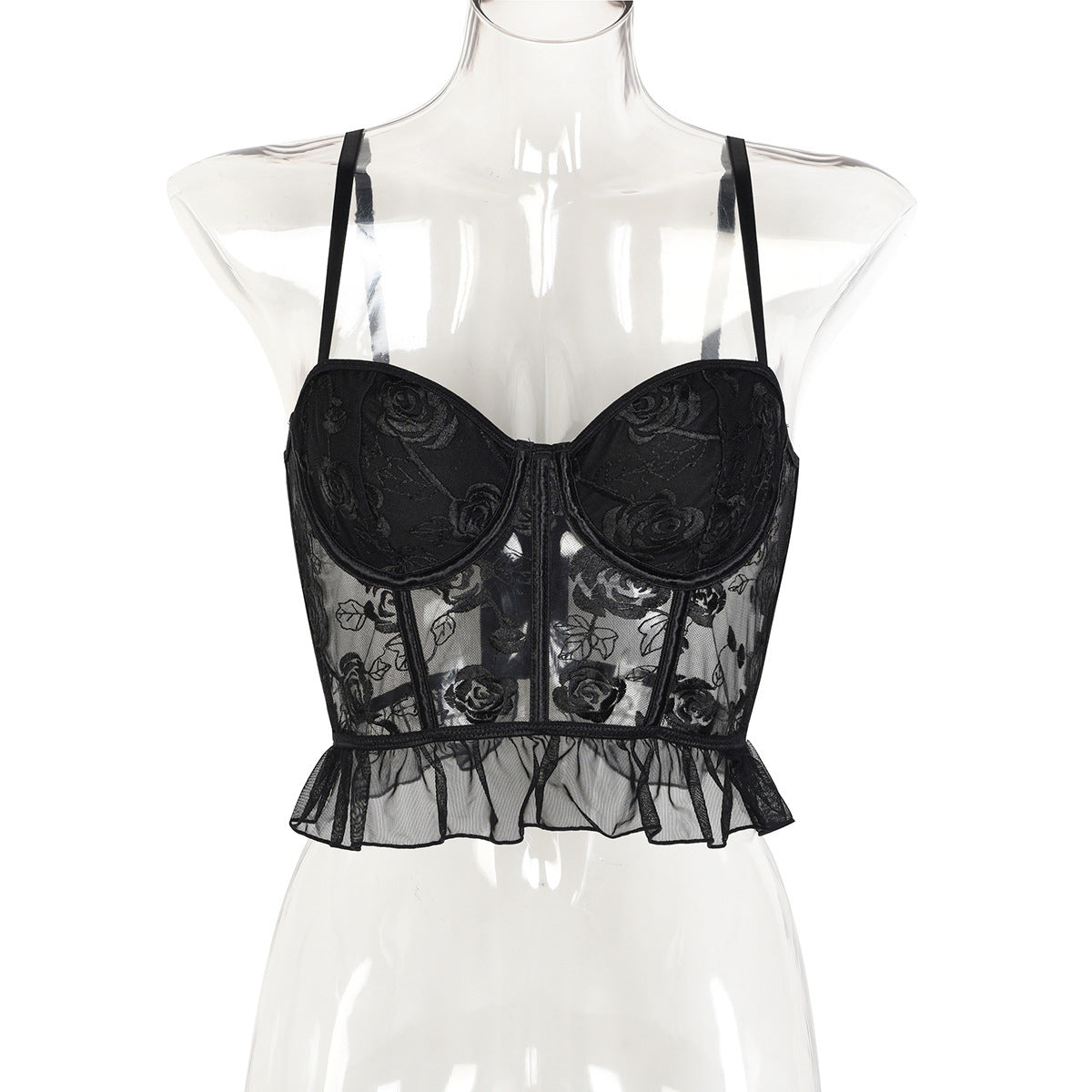 Black Rose Flower Embroidered Strap Crop Top