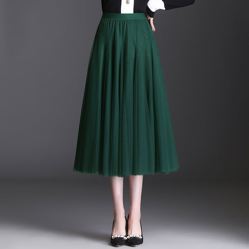 Mid-Waist Pleated Flowy Mesh Lace Skirt
