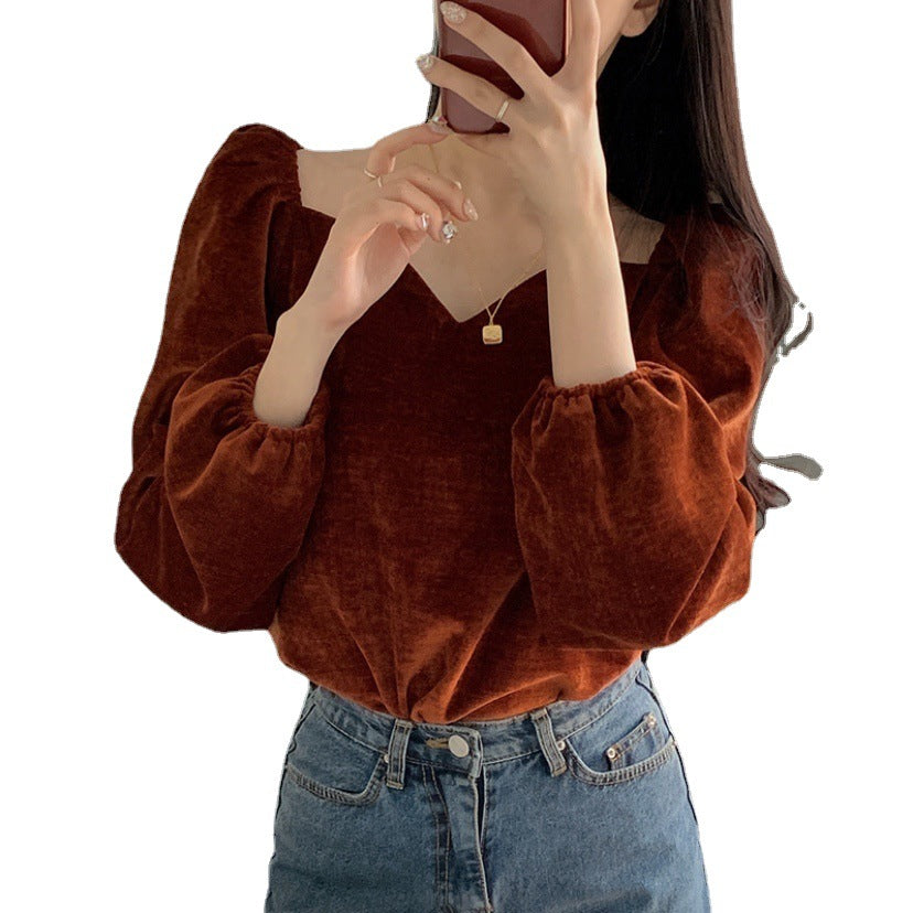 Square Neck Puff Sleeve Velvet Shirt Long Sleeve