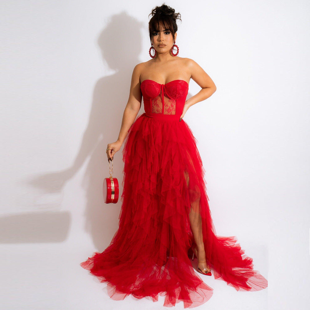 Lace Strapless Tube Chiffon Dress