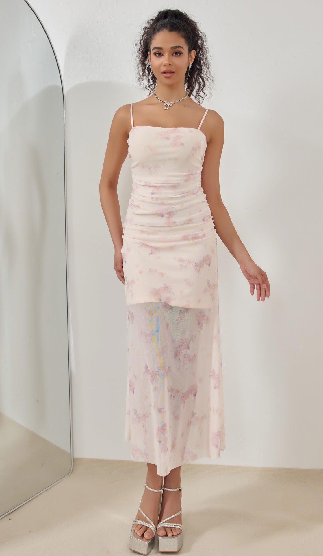 Sweet Printed Pleated Suspender Dress Vacation Style