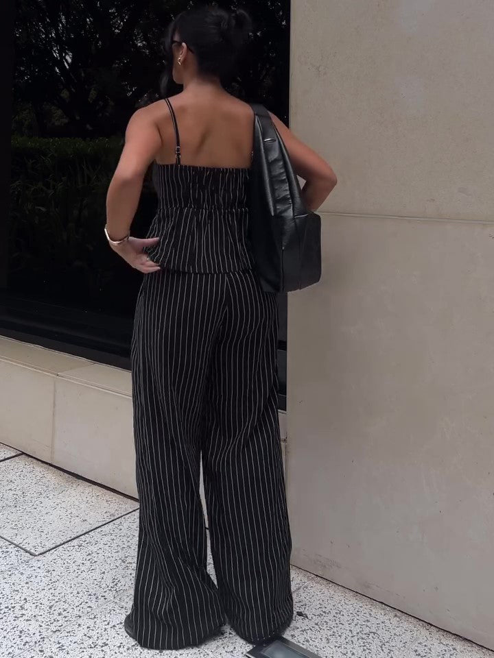 Striped Suspender Ruffle High-waisted Wide-leg Pants Suit