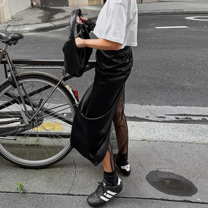 Black Lace Patchwork See-through Long Skirt