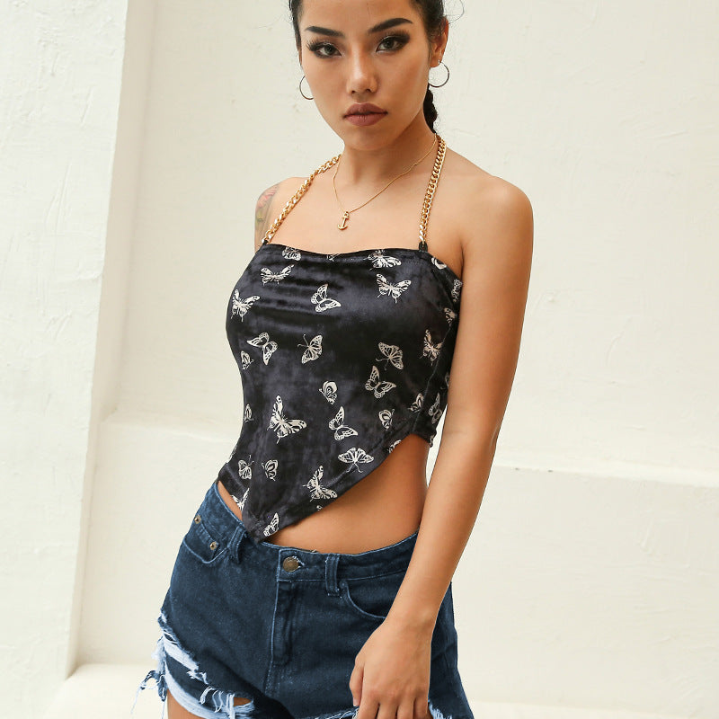Camisole with butterfly print velvet chain and a collarless halter sexy vest