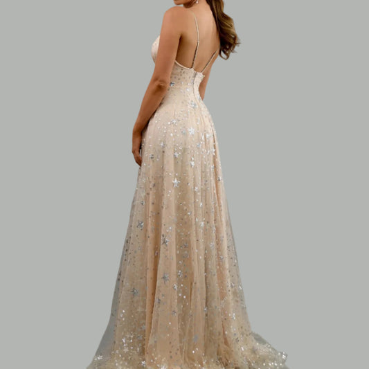 Beige Stars Prints Long Dress Slit