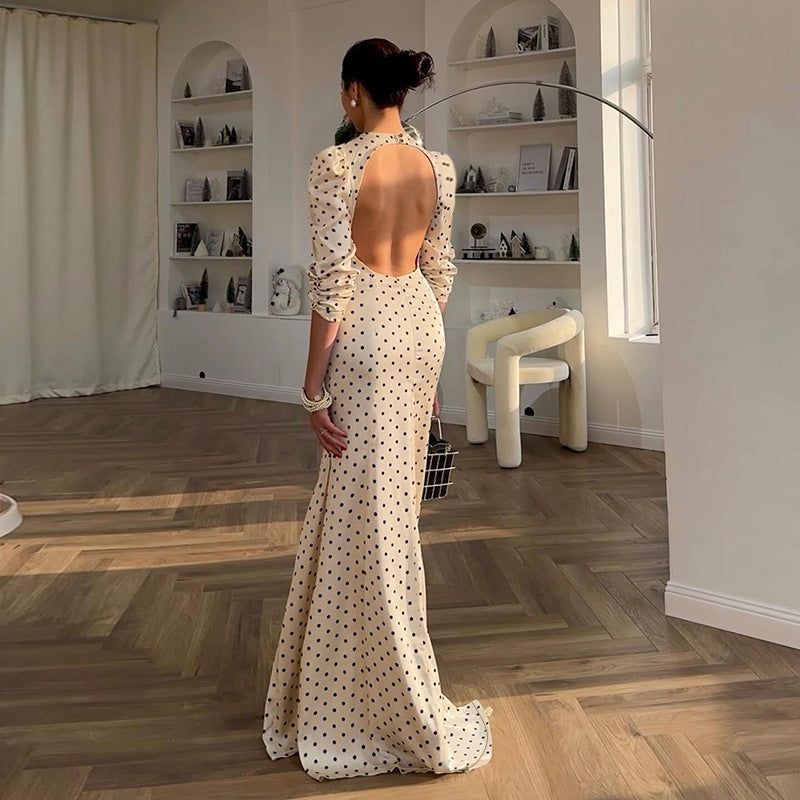 Polka Dot Backless Long Sleeve Mermaid Dress