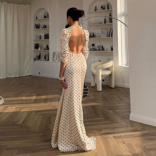 Polka Dot Backless Long Sleeve Mermaid Dress