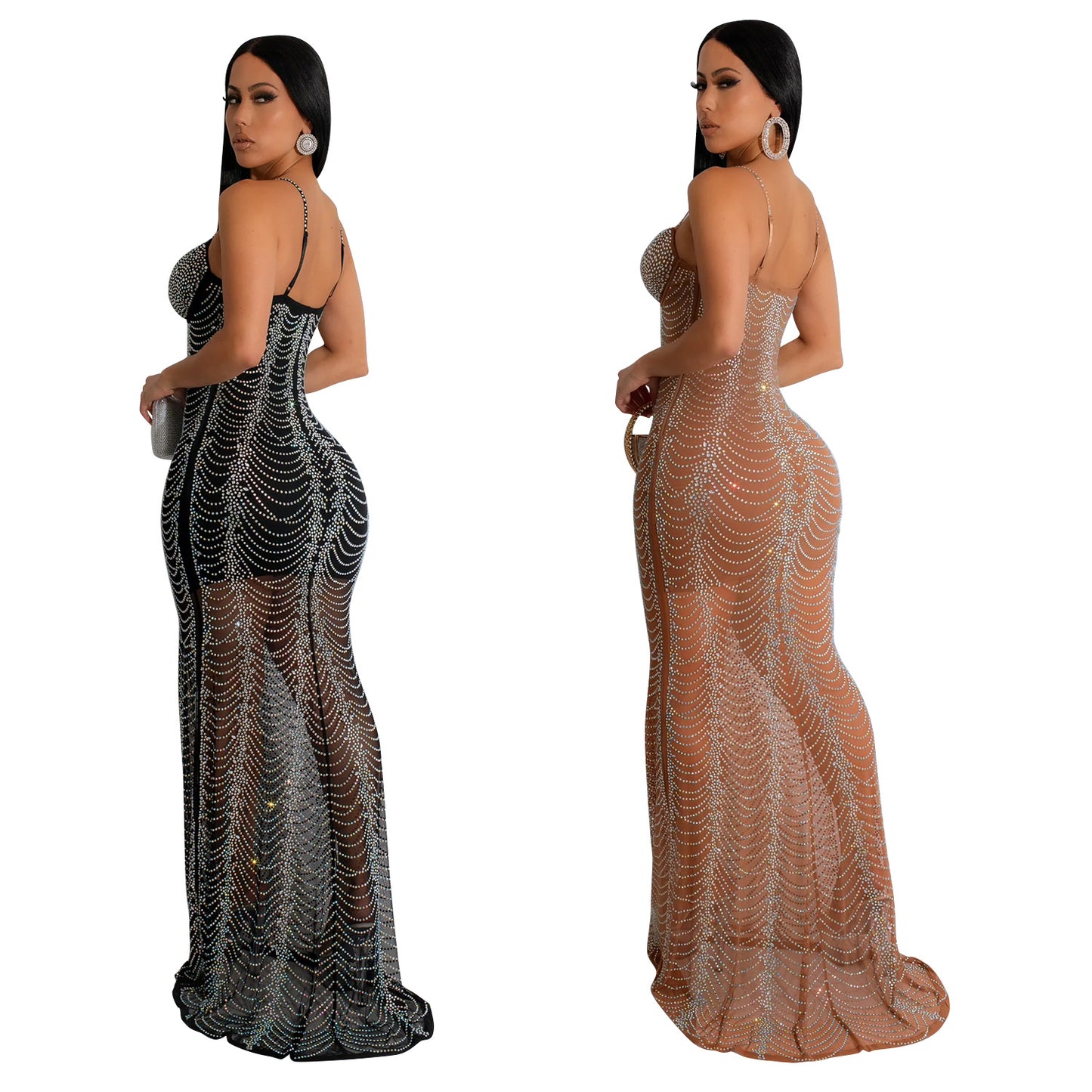 Pure Color Mesh Rhinestone Strap Dress