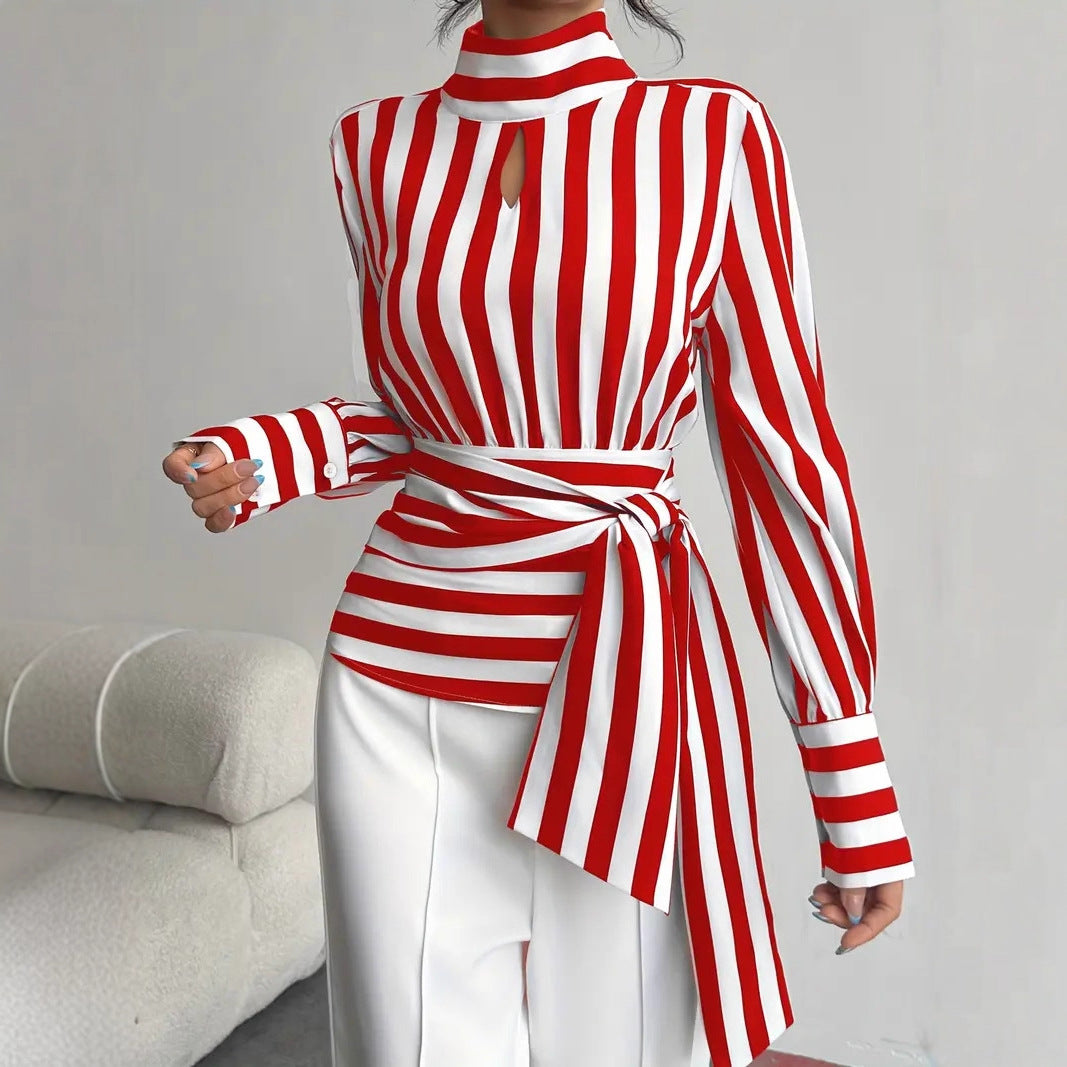 Vintage Scarf-Neck Striped Blouse