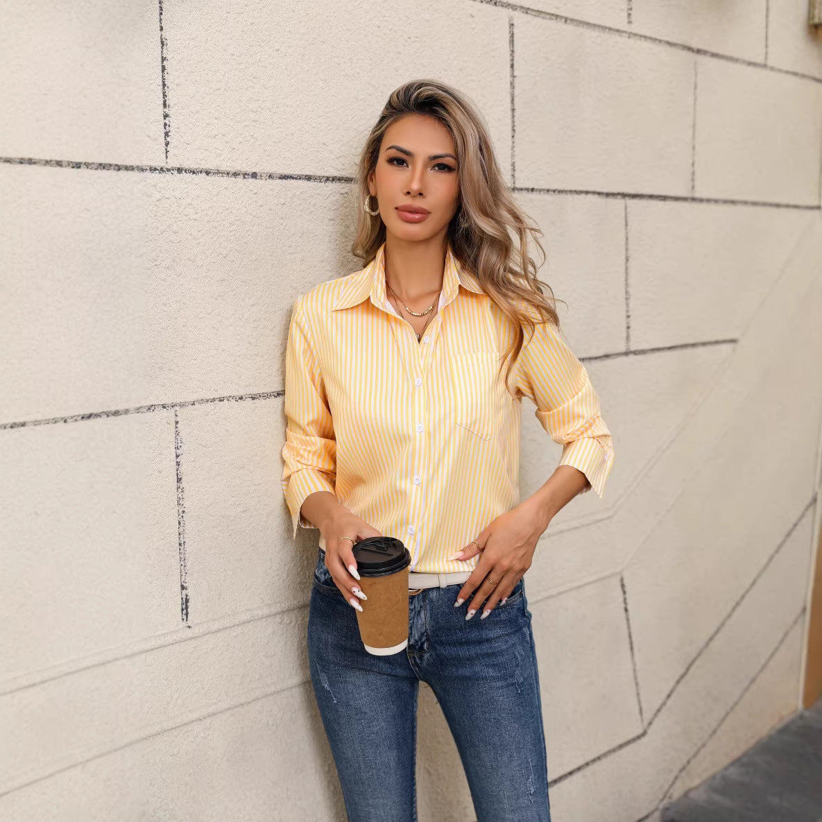 Striped Loose-Fit Casual Collared Long-Sleeve Shirt