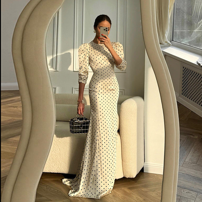 Polka Dot Backless Long Sleeve Mermaid Dress