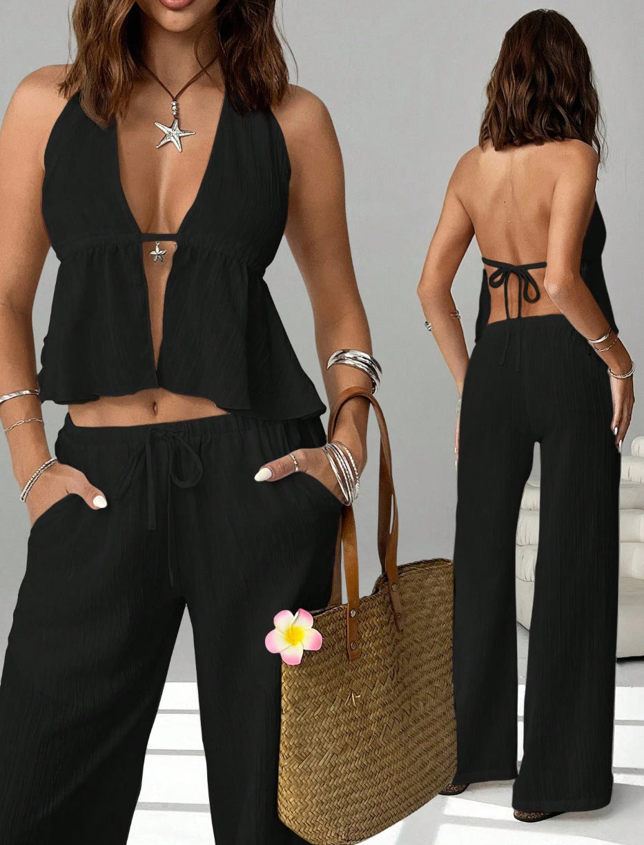 Halterneck Strap Sexy Backless Sleeveless Tank Top Set