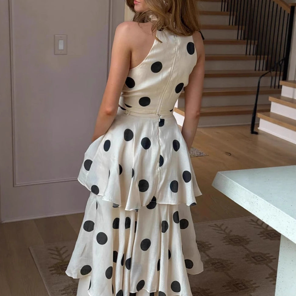 Polka-dot Printed Halterneck Sleeveless Top And Skirt Set