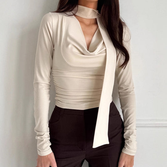 Retro Slim Ribbon Long Sleeve T-shirt Blouse