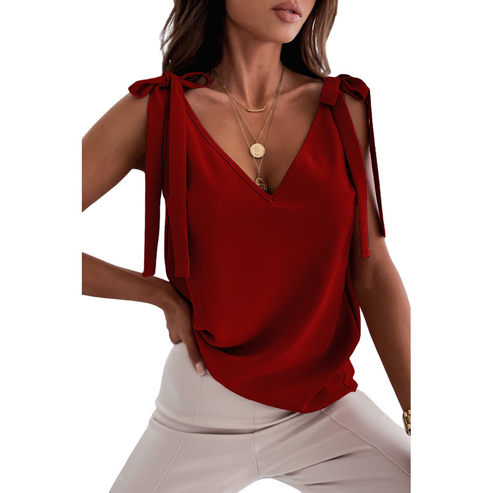 Bowknot Tie Up Camisole V-neck Shirts Women Summer Sleeveless Tank Top