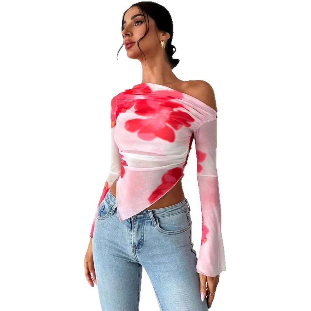 Women's Tie-dye Gradient Floral Mesh Floral Print Top
