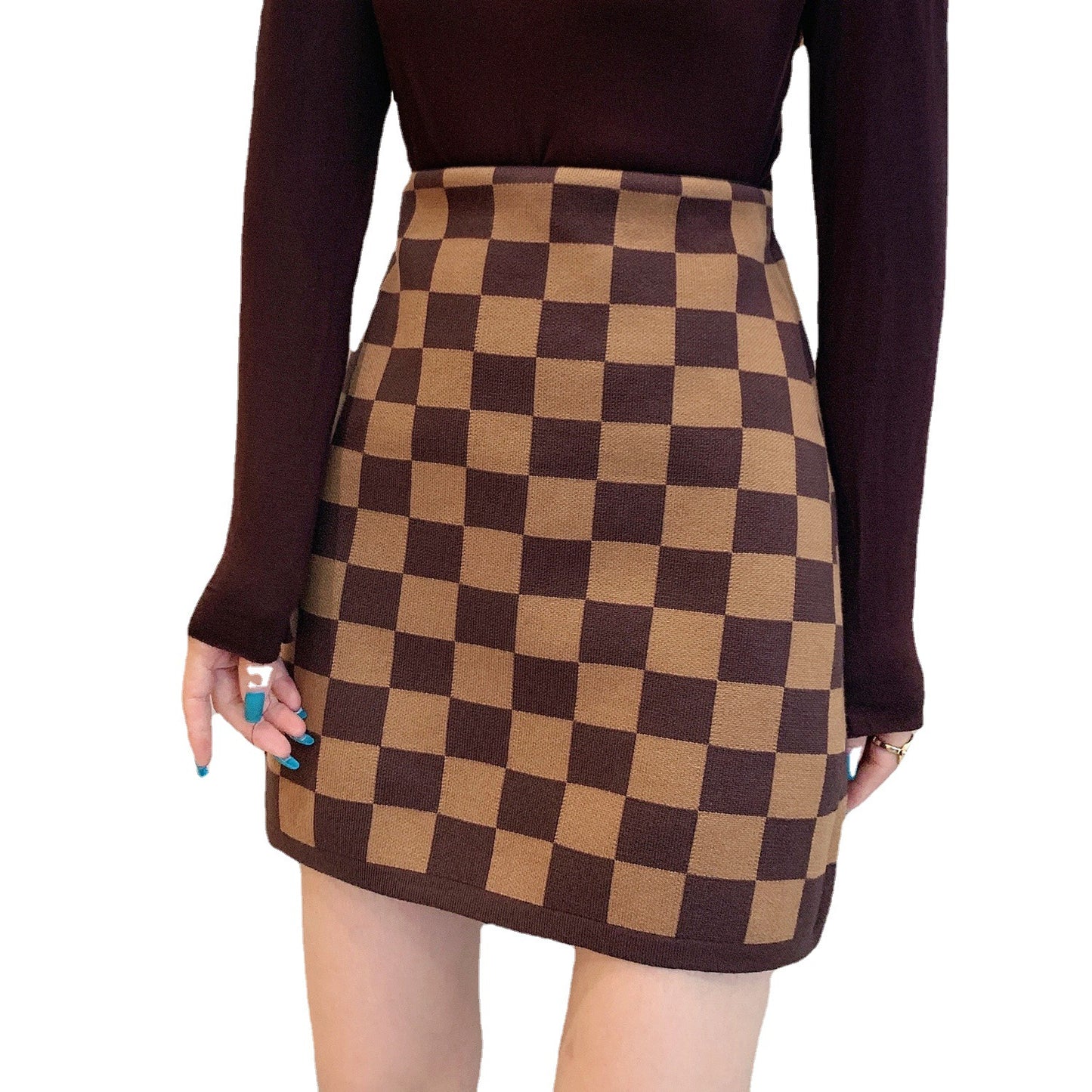 High-waist Plaid Knitted Skirt
