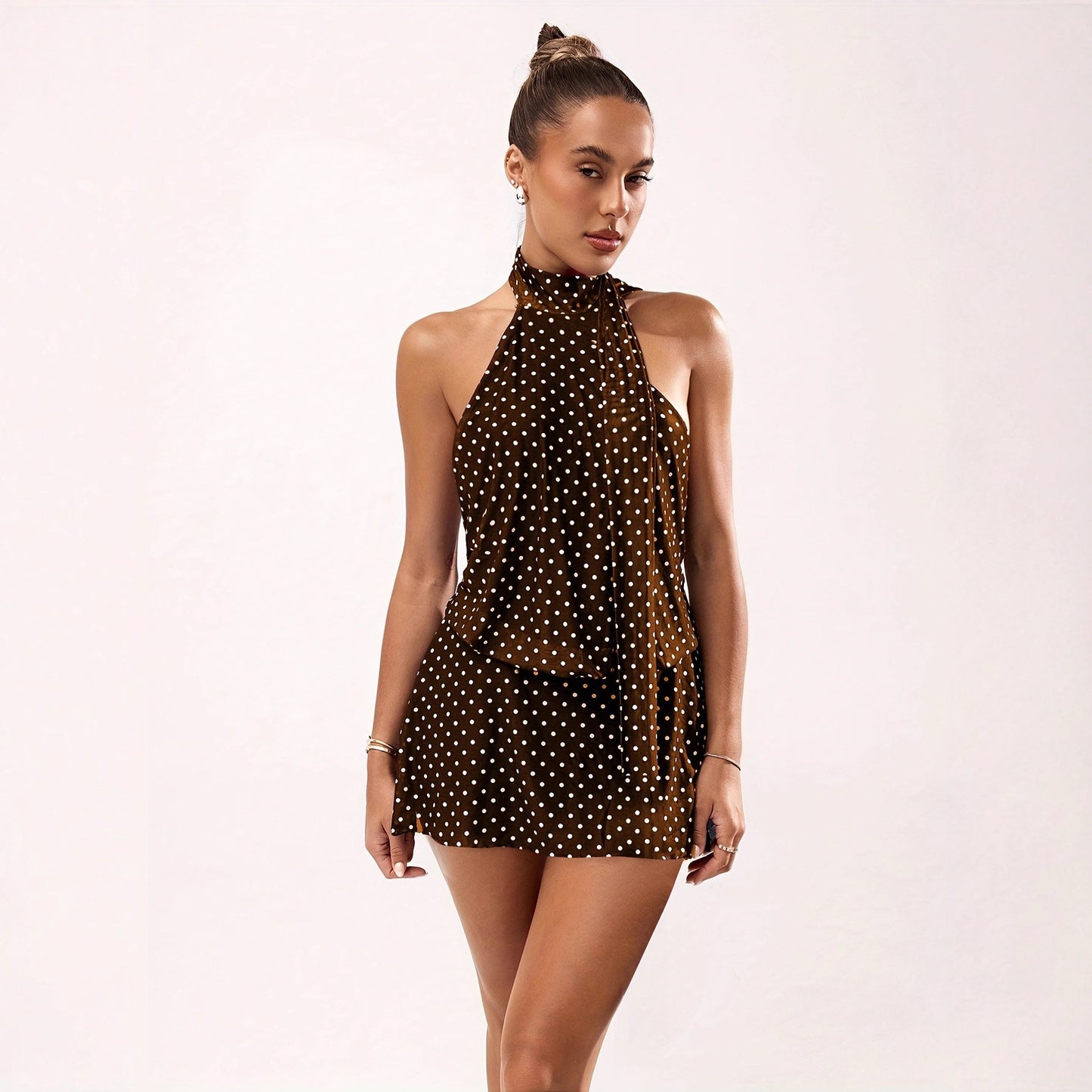 Polka-Dot Printed Halterneck Mini Dress