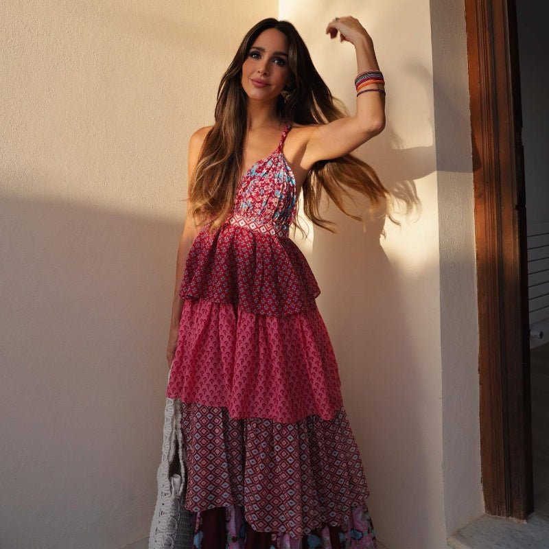 French Retro Casual Vacation Style Spaghetti-strap Floral Print Stacked Dress
