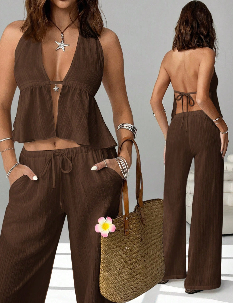 Halterneck Strap Sexy Backless Sleeveless Tank Top Set