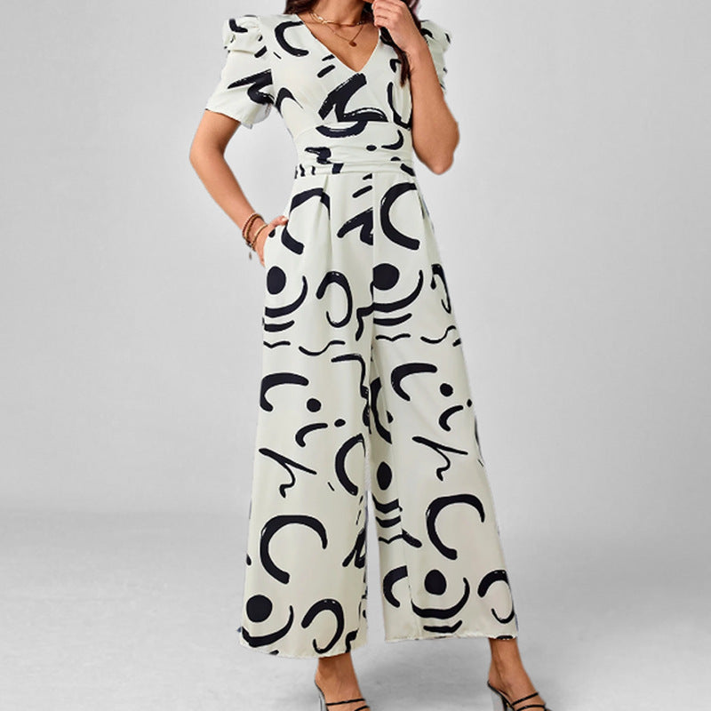 Chic V-neck Cinched-waist Wide-leg Jumpsuit