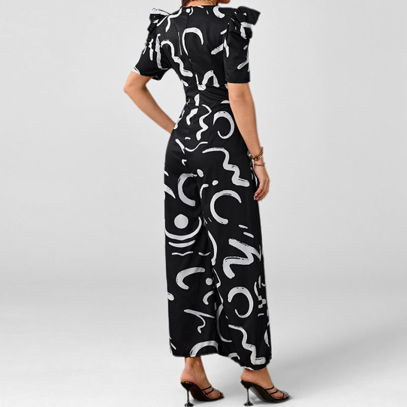 Chic V-neck Cinched-waist Wide-leg Jumpsuit