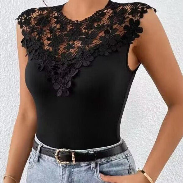 Lace Spliced Sleeveless Blouse