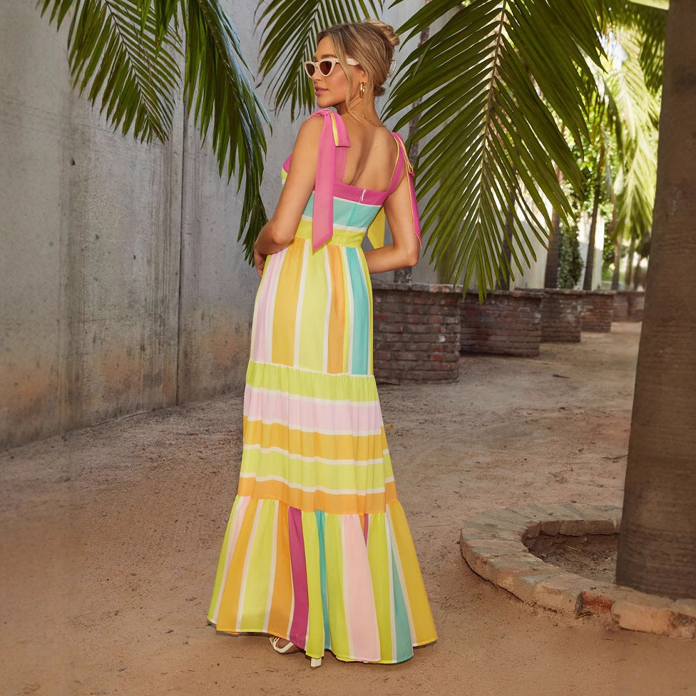 Multicolor Square Seaside Vacation Style Dress