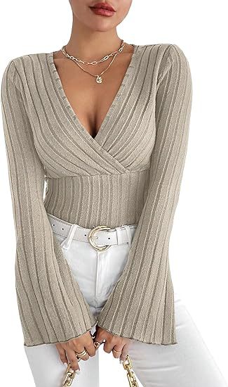 Sunken Stripe V-neck Flared Slim-fit Blouse