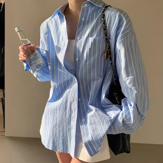 Striped Cotton Blue Shirt Blouse