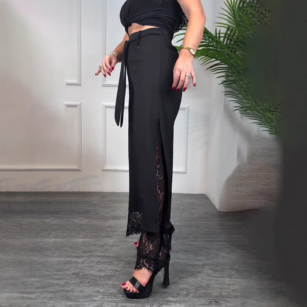 Lace Stitching Tied Trousers
