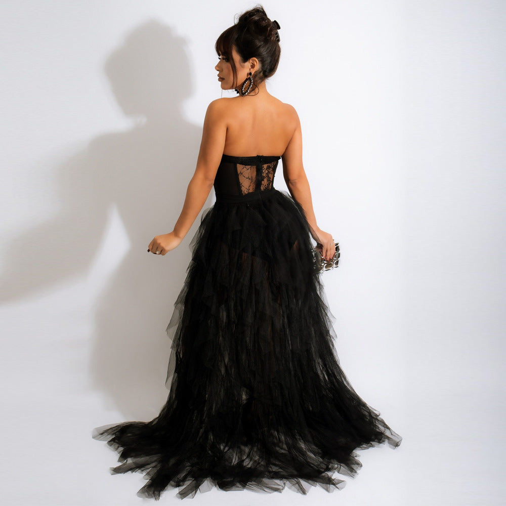 Lace Strapless Tube Chiffon Dress