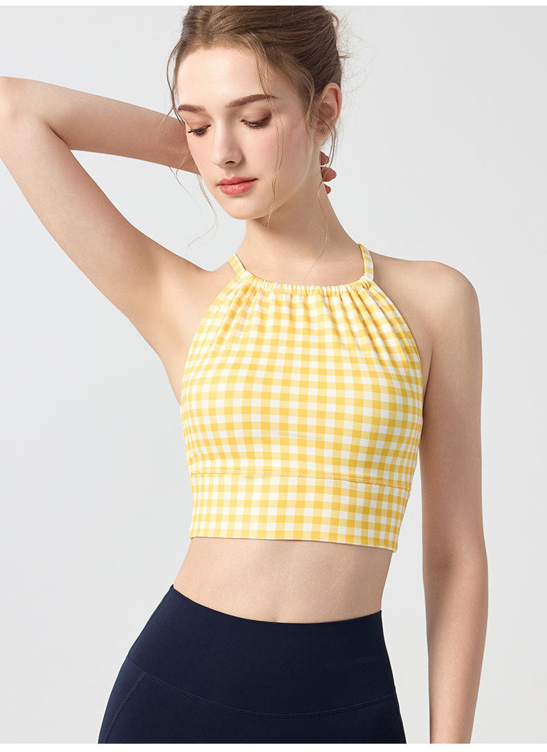 Polka-Dot Plaid Printed Halterneck Tank Top